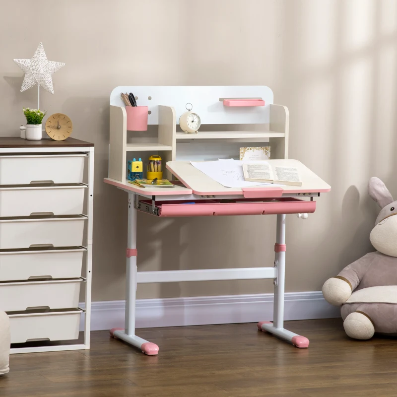 Qaba Wooden Kids Study Desk, Height Adjustable Children School Study Table, Student Writing Desk with Tilt Desktop, Drawer, Storage Shelf, Pen Holder, Pink