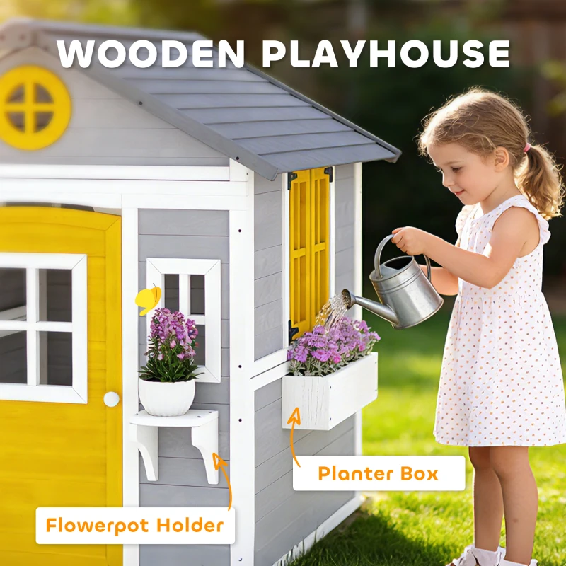 Outsunny Wooden Playhouse for Kids Outdoor with Doors, Windows, Planter Pots and Boxes for Toddlers 3-8 Years, Gray