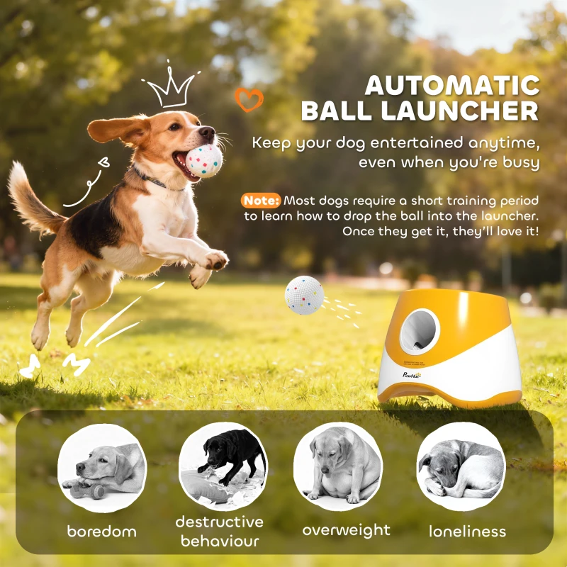 PawHut Automatic Dog Ball Launcher with 5 ETPU Balls 2.3", 3 Distance Settings 20ft, 33ft, 46ft, Orange