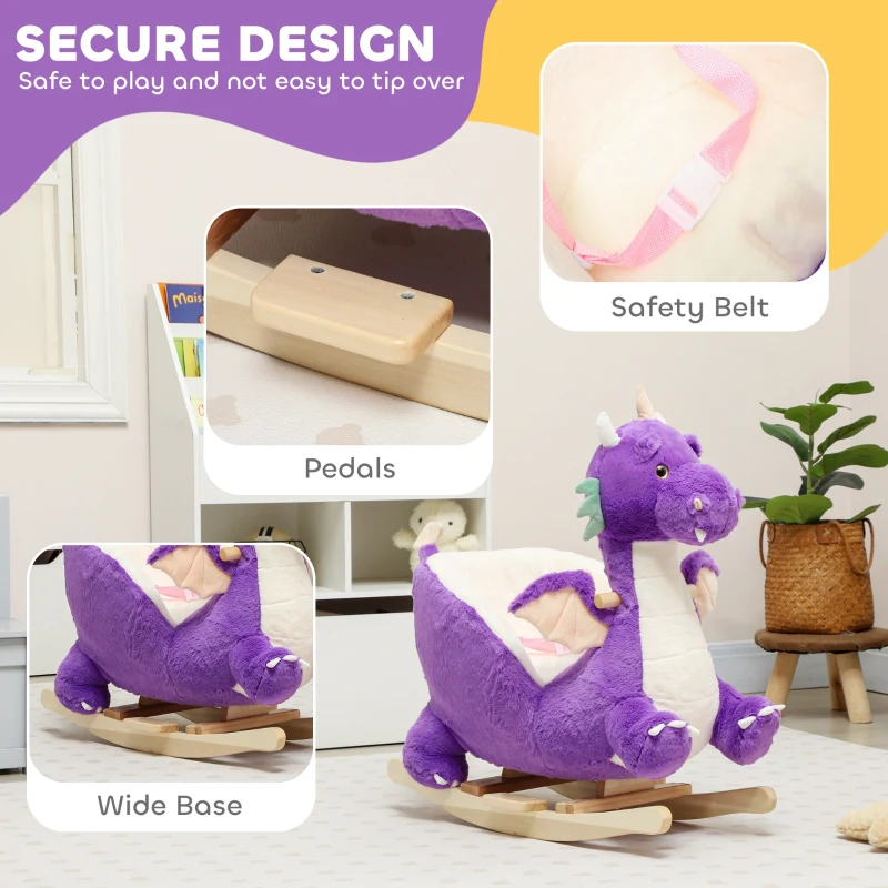 Qaba Baby Rocking Horse, Kids Ride On Dragon Toy with Realistic Dragon Roar and Safety Belt for Kids 18–36 Months, Purple