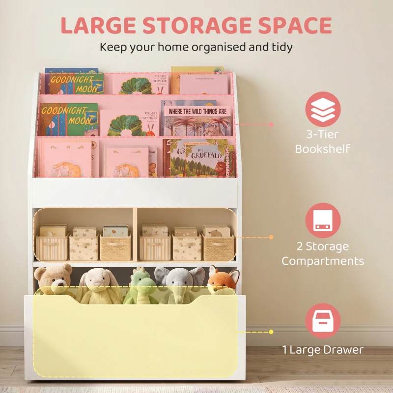 HOMCOM Kids Bookshelf Bookcase, Montessori-Inspired 4 Tier Large Capacity Rack Organizer with Moveable Drawer for Books for Reading Nook, Classroom, Bedroom, Playroom, White