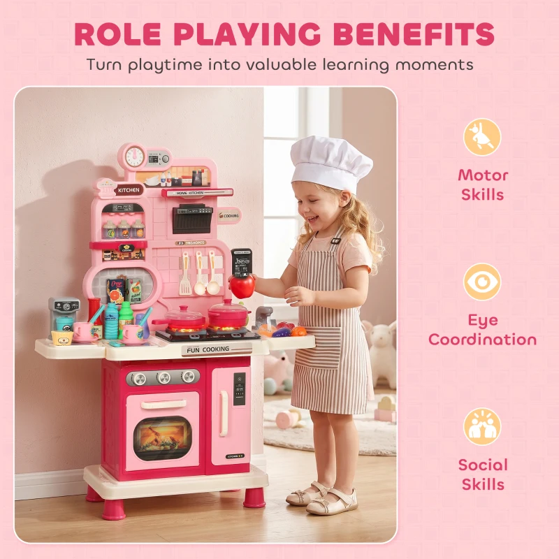 Qaba Kids Kitchen Playset, Play Kitchen with Lights, Sounds, Circulating Water Sink, Storage, 33 PCS for 3-6 Years, Pink