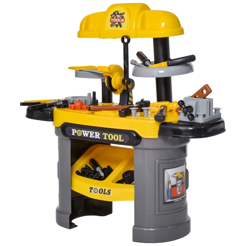Qaba Play Toy Workbench for Kids 64 Pieces Tools Plus Case Storage Shelf  Construction Tool Accessories Playset Construction Pretend Play Toy Kit Yellow Grey