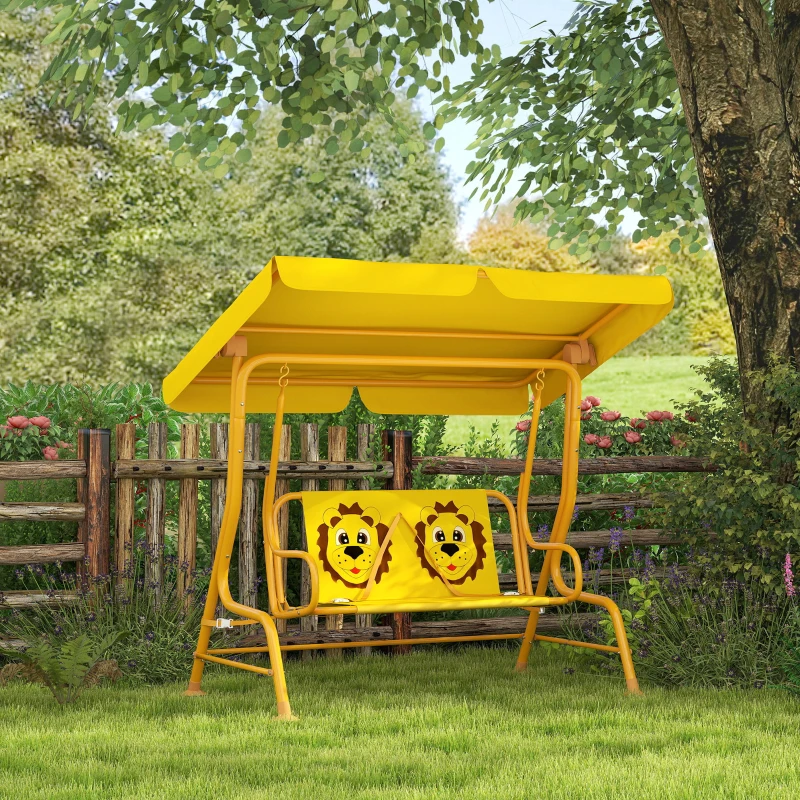 Qaba Kids Patio Swing Chair with Adjustable Canopy, Safety Belt for Patio, Garden, Poolside, Balcony, Yellow