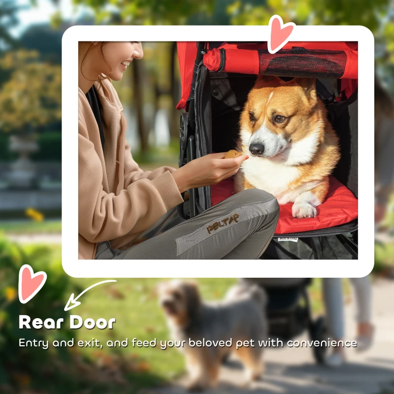 PawHut Pet Stroller for Small Dogs, 3 Rubber Wheels, One-click Easy Folding All-Terrain Dog Stroller, Adjustable Canopy, Zippered Mesh Window Door, Storage Basket, Red