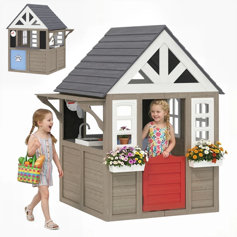 Qaba Outdoor Playhouse, Wooden Kids Playhouse with Dog Door, Flower Box, Cookware & Window for Garden Ages 2+, Gray