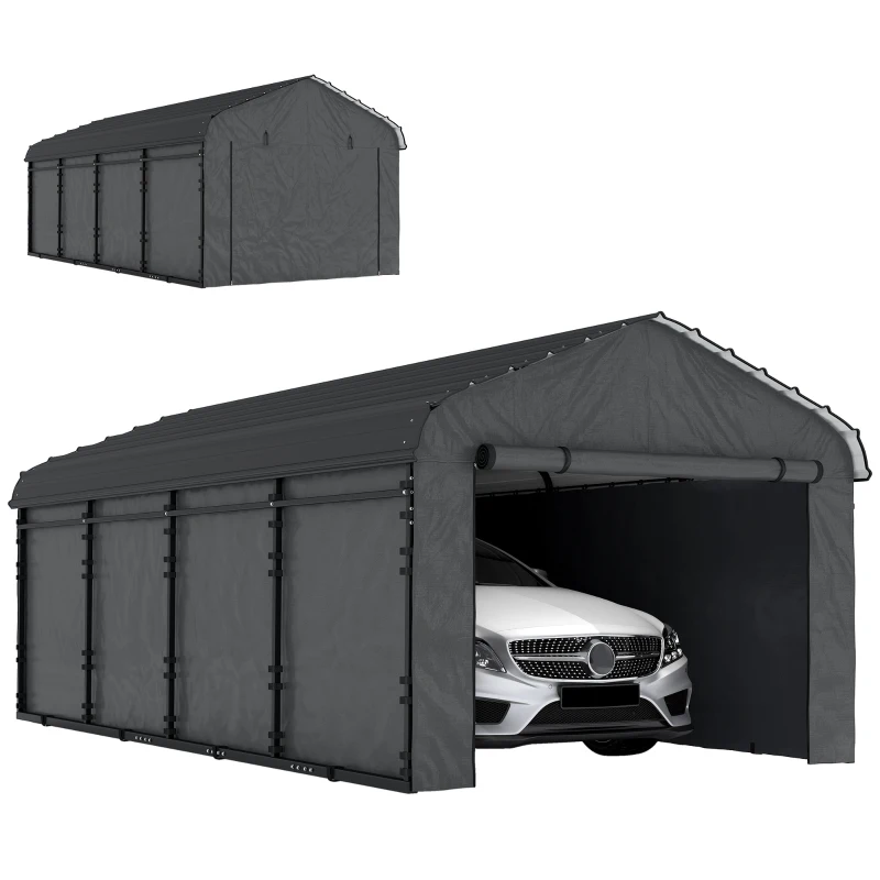 Outsunny 12' x 20' Metal Carport, Heavy Duty Garage Car Canopy with Galvanized Metal Roof and Removable Sidewalls, Dark Gray