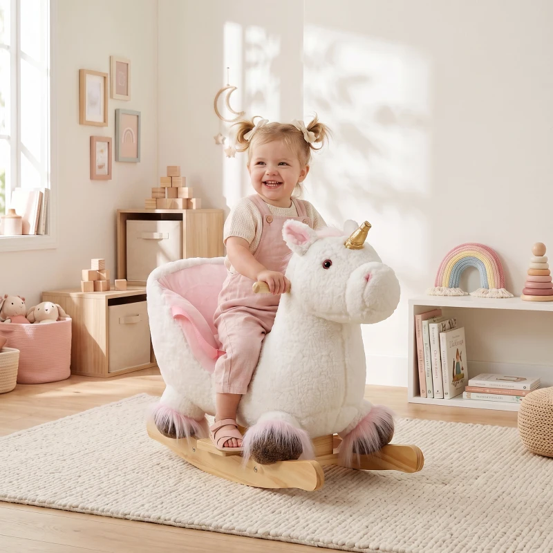 Qaba Unicorn Baby Rocking Horse, Kids Ride on Toy with Realistic Sound, Seat Belt for Toddlers 12-36 Months, White