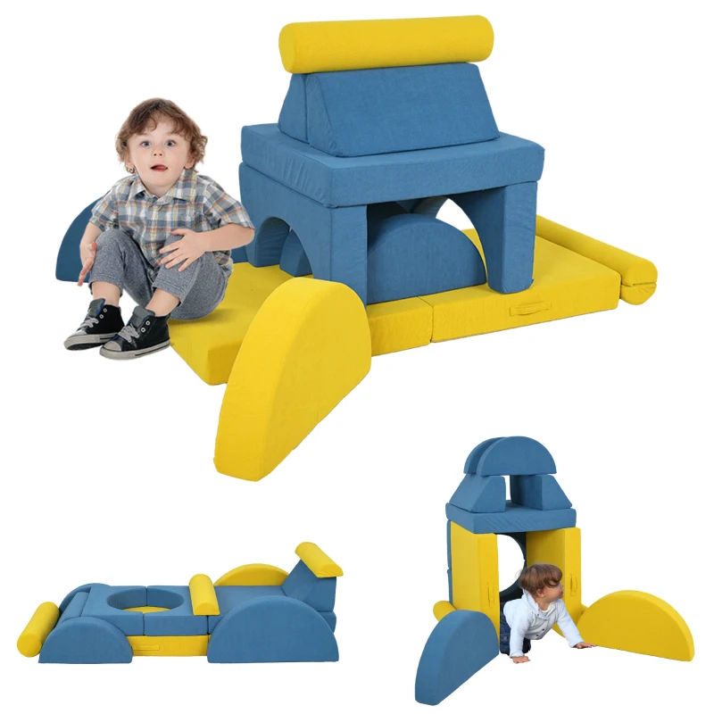 Qaba 14 Pieces Foam Climbing Blocks for Toddlers, Indoor Climb and Crawl Activity Play Set, Yellow