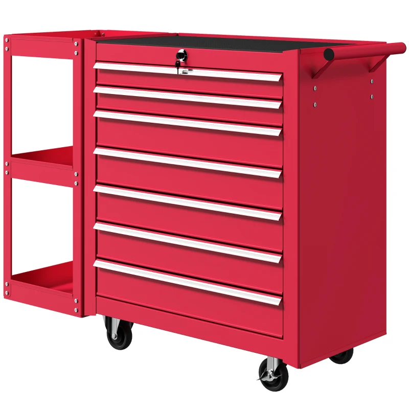 HOMCOM 7-Drawer Rolling Tool Chest with Detachable Side Shelf, Lockable Tool Cabinet Box Organizer with Wheels, Red