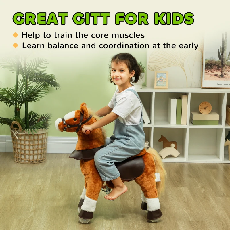 Qaba Ride on Horse, Plush Riding Pony for Ages 3-5, Walking Horse Animal with Wheels Neighing for Active Play, Brown