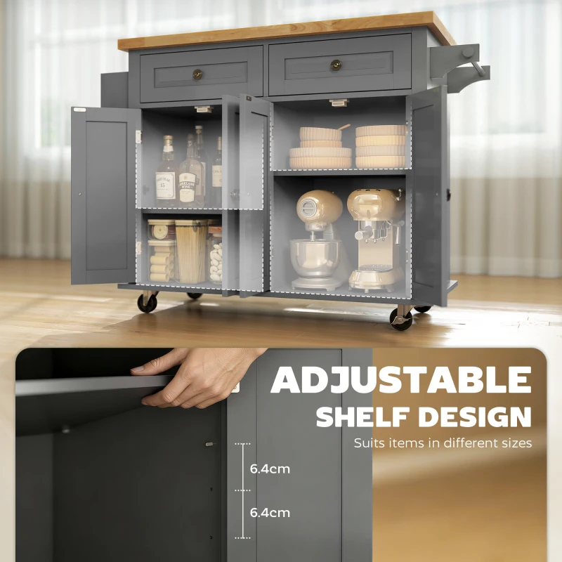 HOMCOM 44" Mobile Kitchen Island Table, Kitchen Island Cart on Wheels with Storage Cabinets, 2 Drawers, Gray