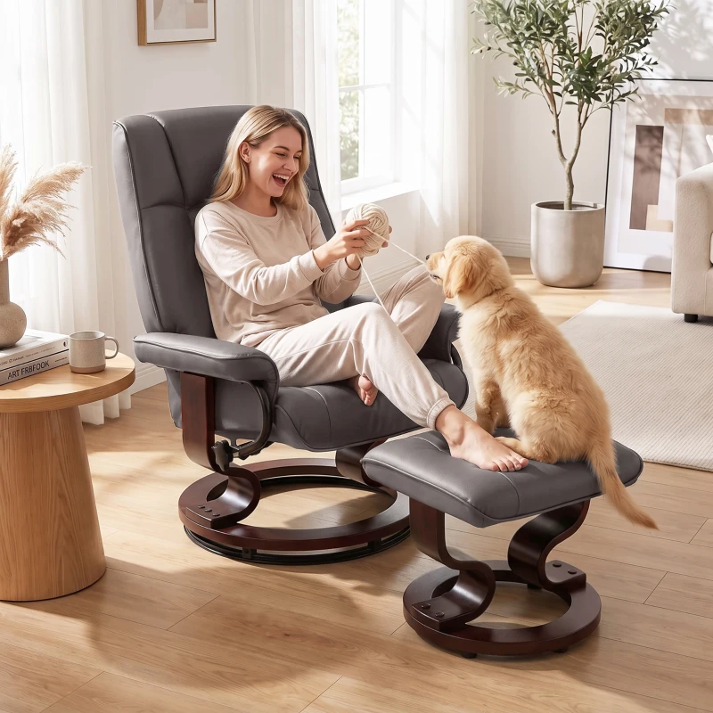 HOMCOM Faux Leather Reclining Chair with Ottoman, Manual Recliner with Tufted Back and Wood Frame for Living Room, Brown