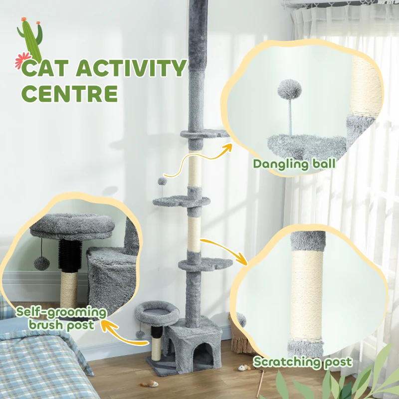 PawHut Floor to Ceiling Cat Tree, 4 Tiers Tall Kitty Climbing Tower with Scratching Post, Adjustable Height 87-100"