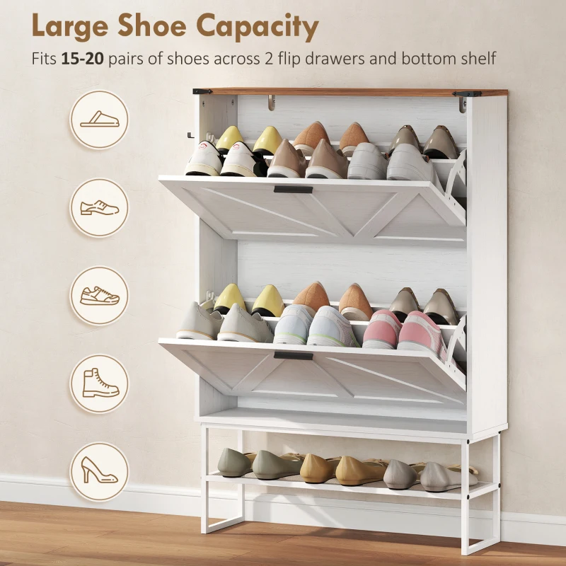 HOMCOM Narrow Shoe Storage Cabinet with 2 Flip Drawers, Slim Shoe Cabinet for 15-20 Pairs, White Wood Grain