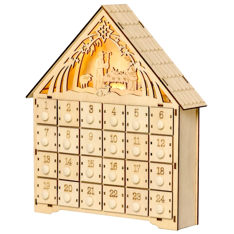 HOMCOM Christmas Advent Calendar, Light Up Manger Scene Tabletop Xmas Wooden House Holiday Decoration with Countdown Drawer, Bible Characters, for kids Adults