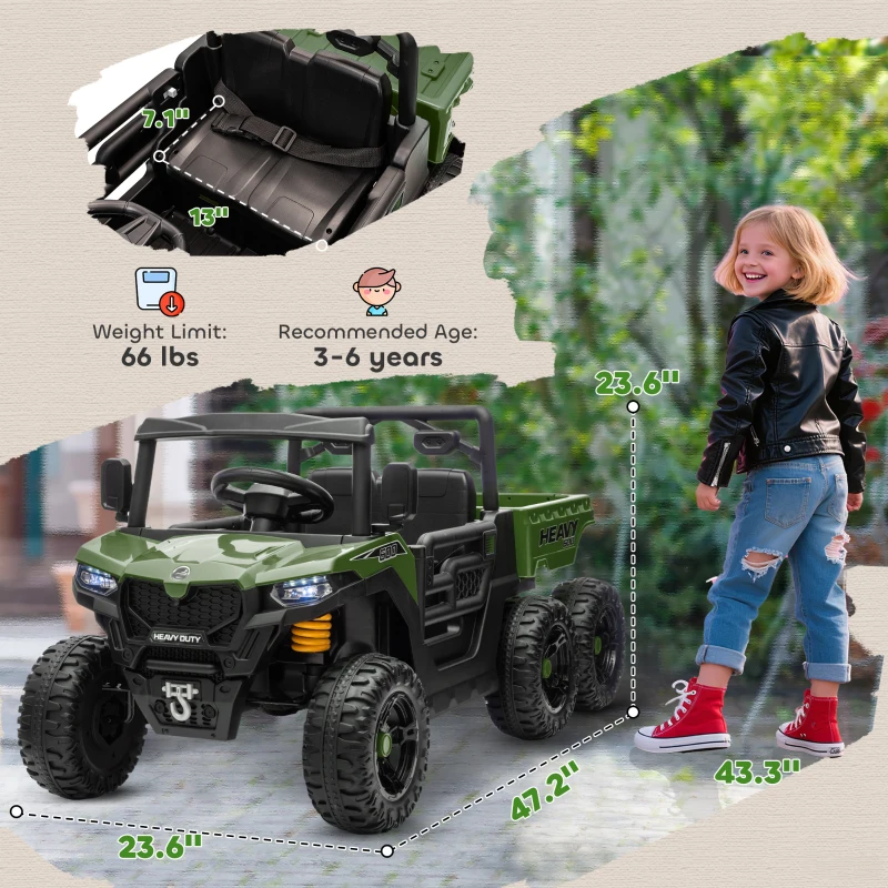 Qaba 24V 4WD Kids Ride On Car with 6 Wheels, Electric Ride On Car with Dump Bed, Remote for 3-6 Years, Green