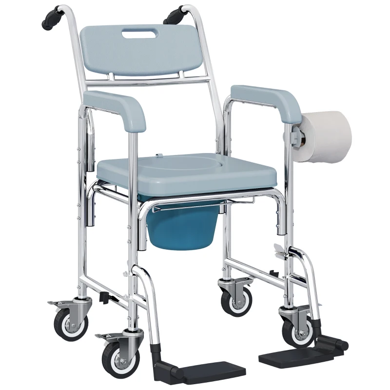 HOMCOM Rolling Shower Chair, Bedside Commode Chair with Wheels, Backrest, Arms, Flip Footrests for Seniors, Disabled, Grey