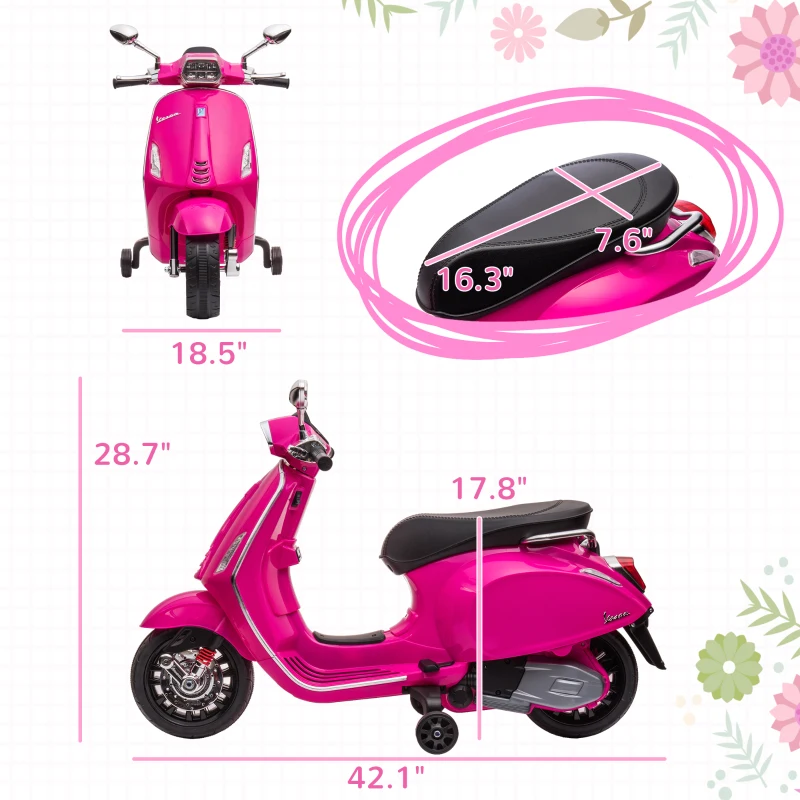 Qaba Vespa Licensed Kids Motorcycle 6V Toddler Motorcycle with Music, FM Radio, Headlight, Pink