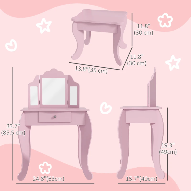 Qaba Kids Vanity Table and Stool, Makeup Vanity Girls Dressing Table Set with Tri-folding Mirrors Drawer Star and Heart Pattern, Pink