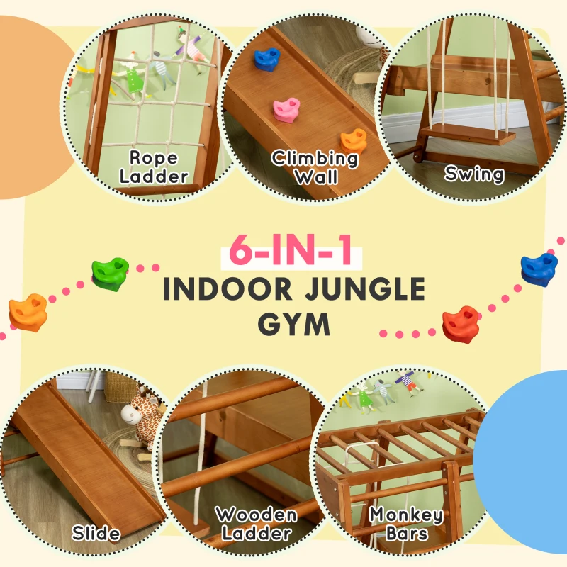 Qaba 6-in-1 Indoor Jungle Gym Playground with Slide, Climbing Wall, Rope Climber, Monkey Bars, Swing, Toddler Climbing Toys for 3-10 Years Old, Wood