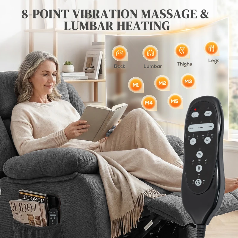 HOMCOM Recliner Massage Armchair with Heat, Oversized Swivel Rocker with Footrest, Remote and Side Pockets, Gray