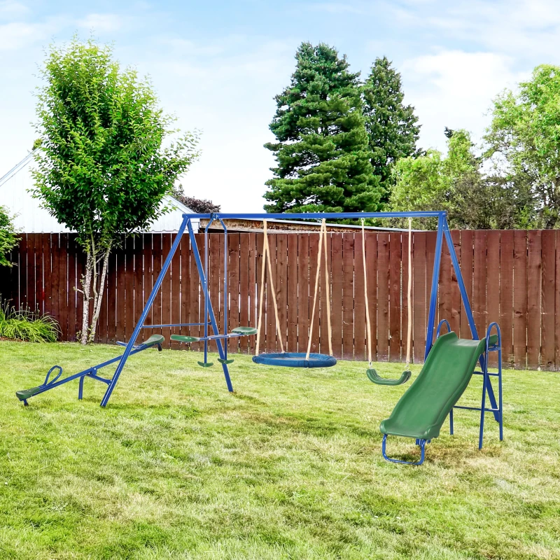 Outsunny 5 in1 Kids Swing Set with Saucer Swing, Slide, Seesaw, Glider, Swing Seat for Backyard, Playground