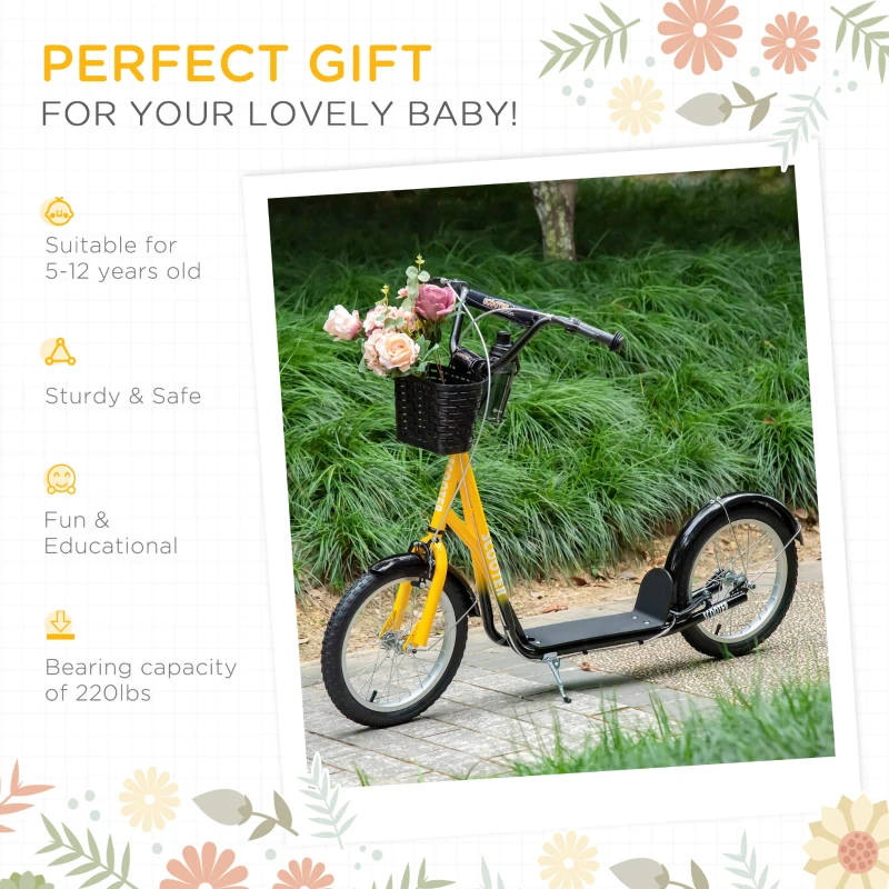 Aosom Youth Scooter, Kick Scooter with Adjustable Handlebars, Double Brakes, 16" Inflatable Rubber Tires, Basket, Cupholder, Orange