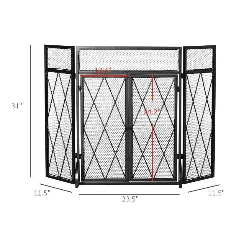HOMCOM 3-Panel Folding Fireplace Screen for Wood Burning with Double Doors, Home Heavy Duty Steel Fire Spark Guard, 47.25" W x 31" H, Black