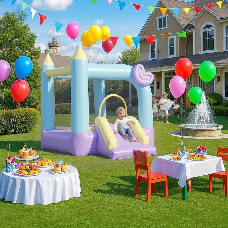 Qaba Inflatable Bounce House with Air Blower, Slide, Stakes, Repair Patches, Storage Bag, for Kids Ages 3-8, 98" x 65" x 79"