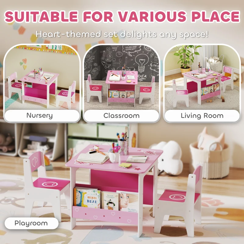 Qaba 3 Pieces Kids Table and Chair Set with Bookshelves, for Classroom, Home, Nursery, Playroom, for Read, Draw, Art, Pink