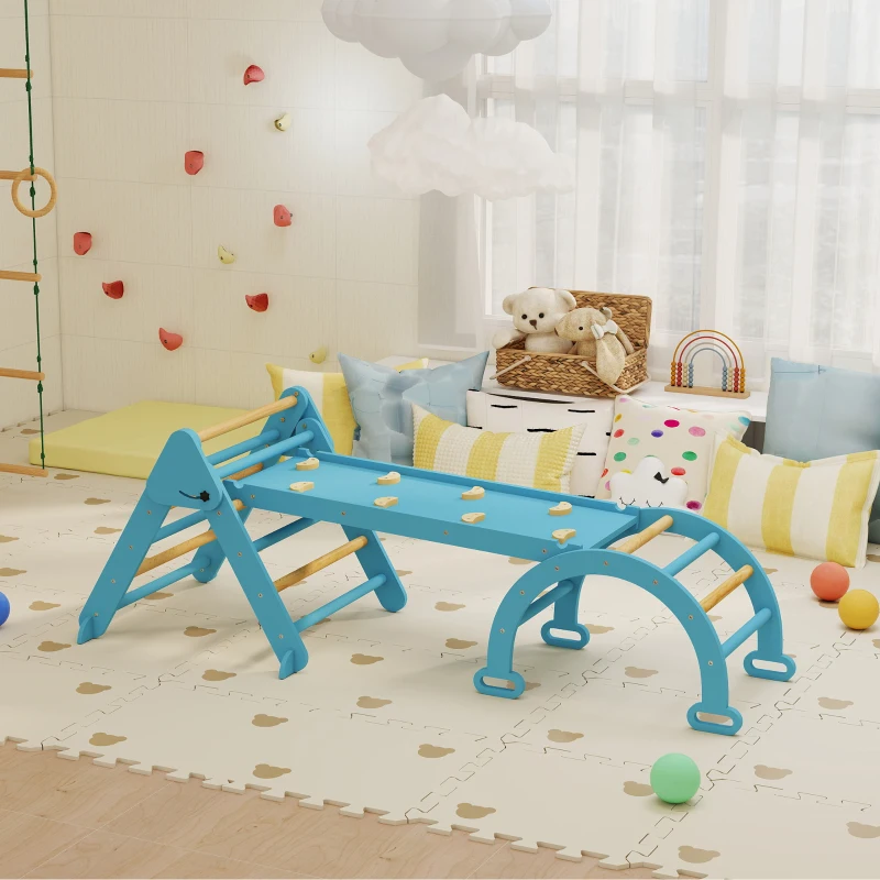 Qaba 7-in-1 Pikler Triangle Set, Foldable Wooden Climbing Toys with Arch, Ramp and Ladder for Toddlers 1-4 Years, Blue