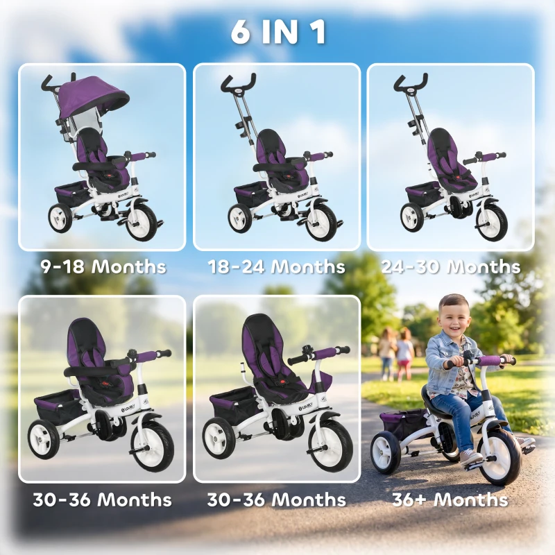Qaba 6 in 1 Toddler Tricycle Stroller with Basket, Canopy, 5-point Safety Harness, for 12-60 Months, Purple