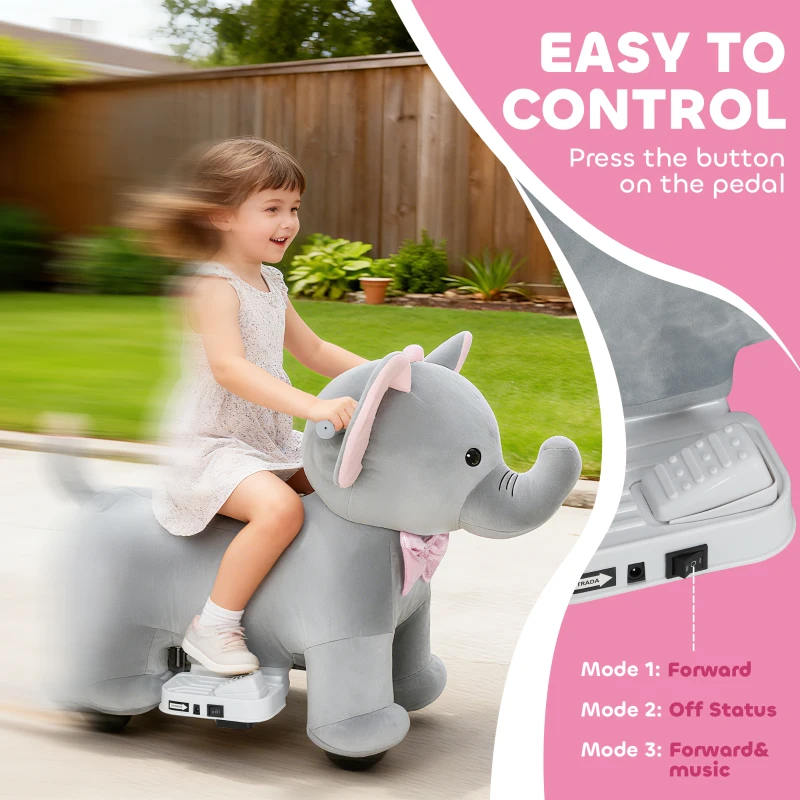 Qaba 6V Kids Ride on Toy, Ride on Horse Elephant with Music, Soft Touch, Silent PU Wheels, Forward, for 1.5-5 Years