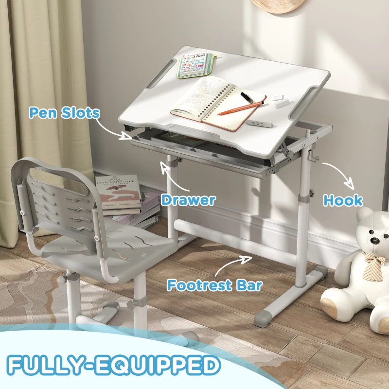 Qaba Height Adjustable Study Table and Chair Set with Drawer, Pen Slot, Tiltable Desktop, Hook, Grey