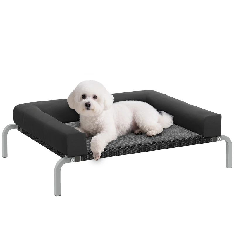 PawHut Elevated Dog Bed, Portable Raised Dog Cot with Breathable Mesh, Removable and Water-Resistant Bolsters, Black