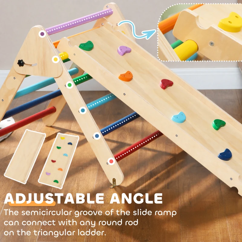 Qaba Pikler Triangle Set, 3 in 1 Climbing Toys with Ramp for Toddlers, Nature Wood