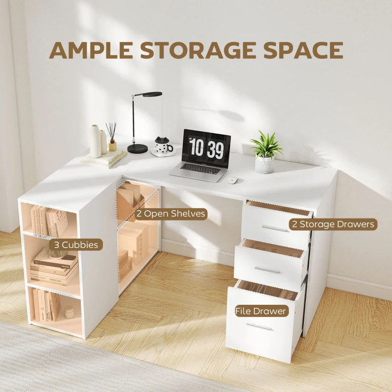 HOMCOM L Shaped Desk, 55" Corner Computer Desk with Power Outlets, File Drawer, 2 Drawers, Adjustable Shelves, White