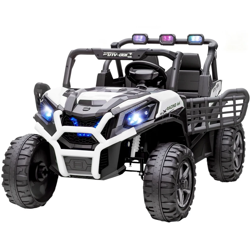 Qaba 2 Seater 24V Kids Electric Car w/ Remote Control, 3 Speed, LED Lights, Music, Horn, Spring Suspension, Slow Start, White
