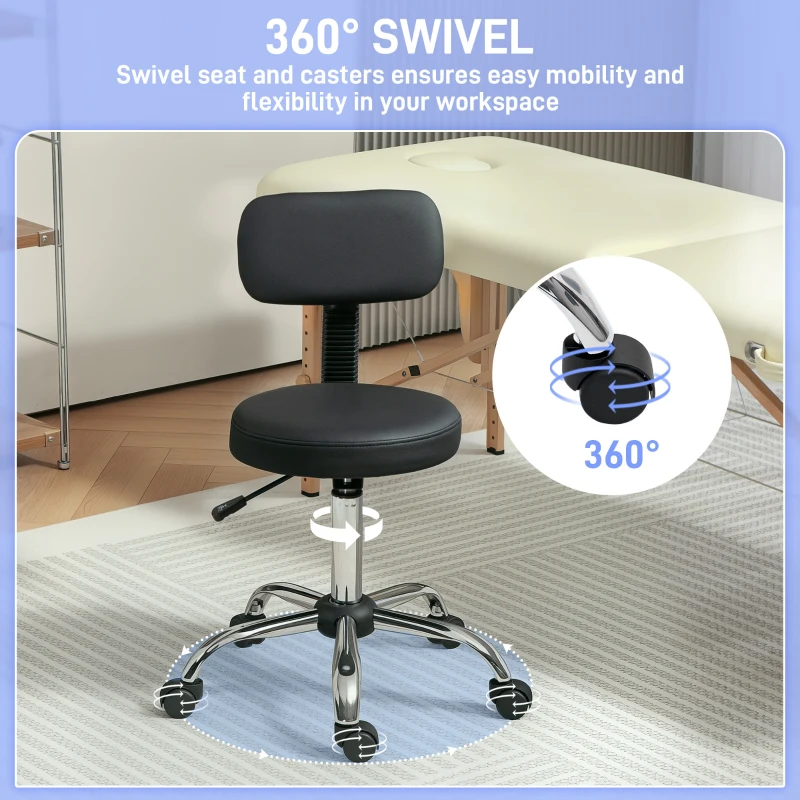 HOMCOM Adjustable Rolling Stool with Removable Backrest, Faux Leather Swivel Stool Chair for Salon Spa, Bar, Massage, Black