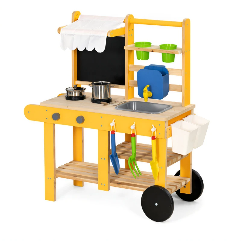 Qaba Mud Kitchen for Kids Outdoor with Wheels, Wooden Play Kitchen with Sink, Storage, Planting Pots, Blackboard, Yellow