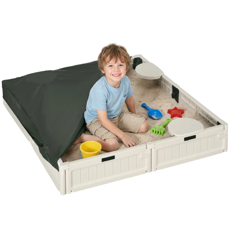 Outsunny Kids Outdoor Sandbox with Canopy, Bottom Fabric Liner, Cream White
