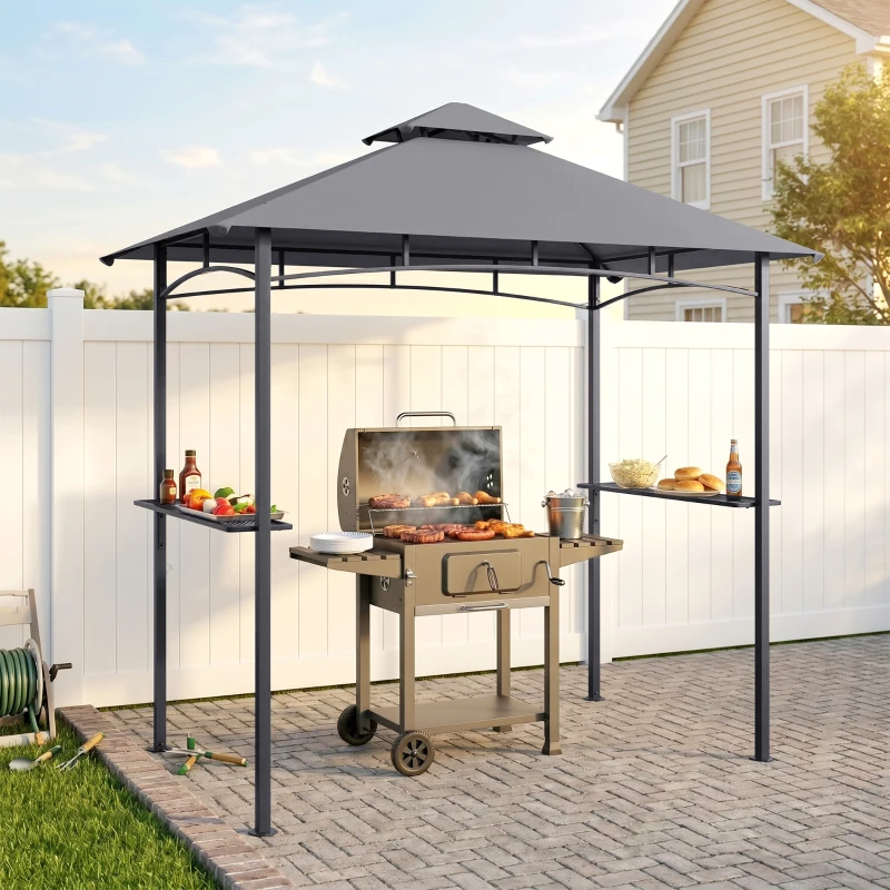 Outsunny 8' x 5' Grill Gazebo with Double Roof, Outdoor BBQ Canopy Gazebo with 2 Side Shelves for Patio Yard Garden Gray
