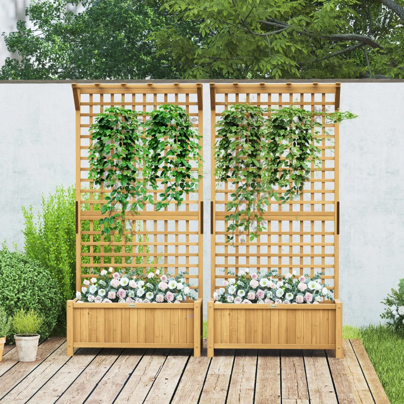 Outsunny Wood Planter with Trellis for Vine Climbing, Raised Garden Bed, Privacy Screen for Backyard, Patio, Pack of 2, Yellow