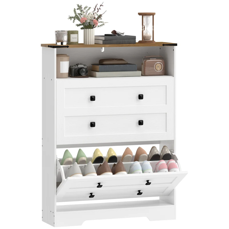 HOMCOM Shoe Cabinet with 2 Flip Drawers, Narrow Shoe Storage Cabinet, White