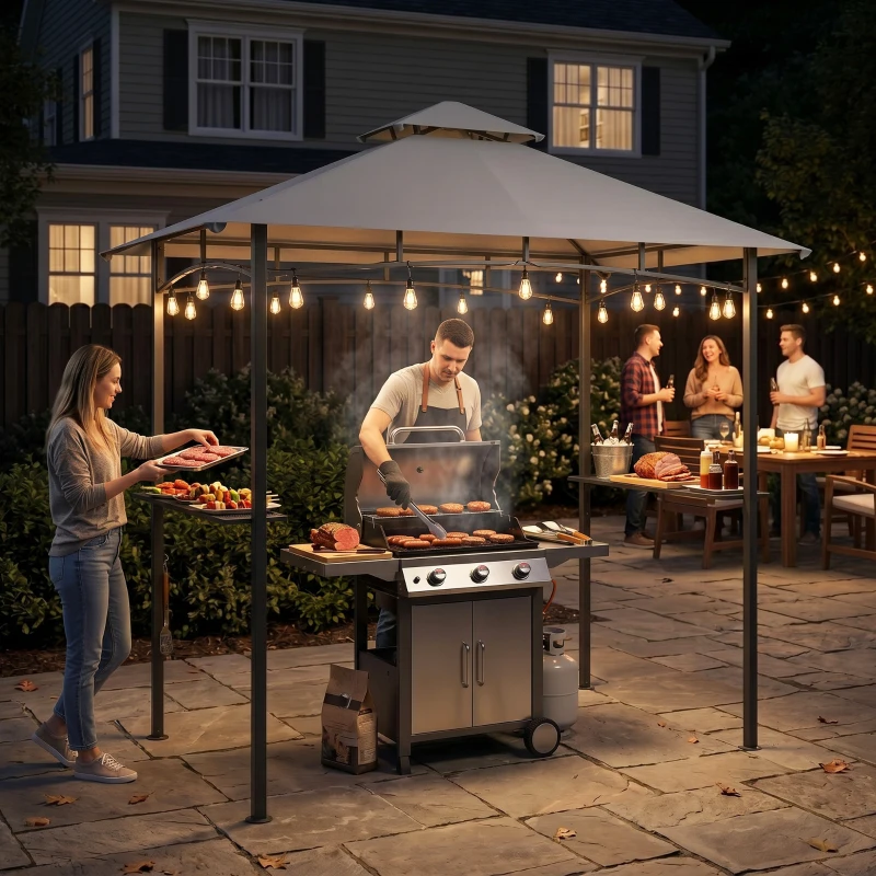 Outsunny 8' x 5' Grill Gazebo with Double Roof, Outdoor BBQ Canopy Gazebo with 2 Side Shelves for Patio Yard Garden Gray