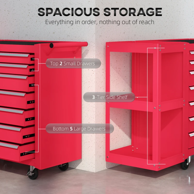 HOMCOM 7-Drawer Rolling Tool Chest with Detachable Side Shelf, Lockable Tool Cabinet Box Organizer with Wheels, Red