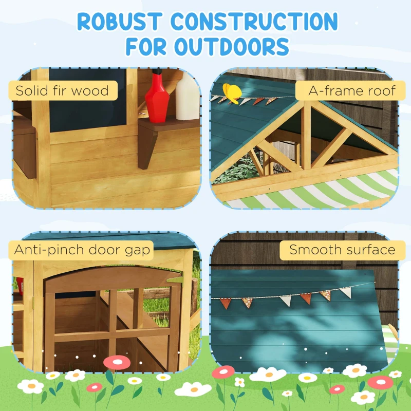 Qaba Wooden Foldable Outdoor Playhouse for Kids Ages 3-8, Snack Bars, Working Door, Rain Covers, Blackboards, Brown