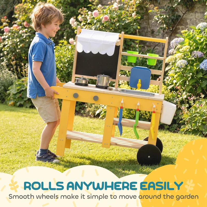 Qaba Mud Kitchen for Kids Outdoor with Wheels, Wooden Play Kitchen with Sink, Storage, Planting Pots, Blackboard, Yellow