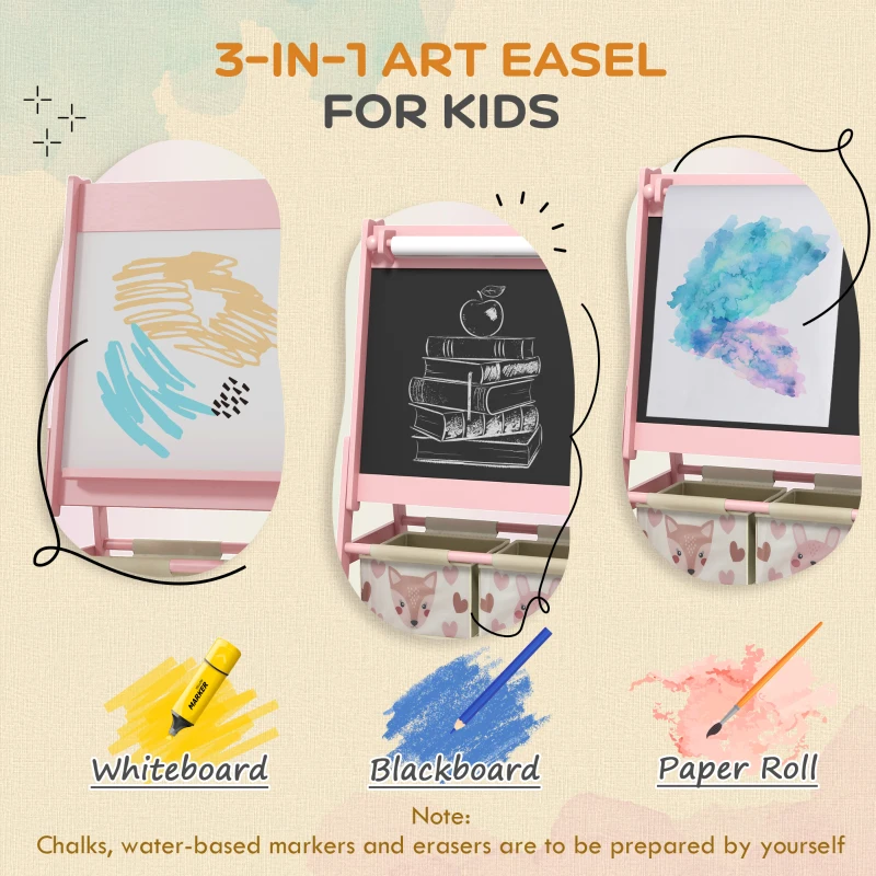 Qaba Toy Box with Lid and Kids Easel with Paper Roll, Blackboard, Whiteboard, Cute Fox Design, for Ages 3-8 Years, Pink